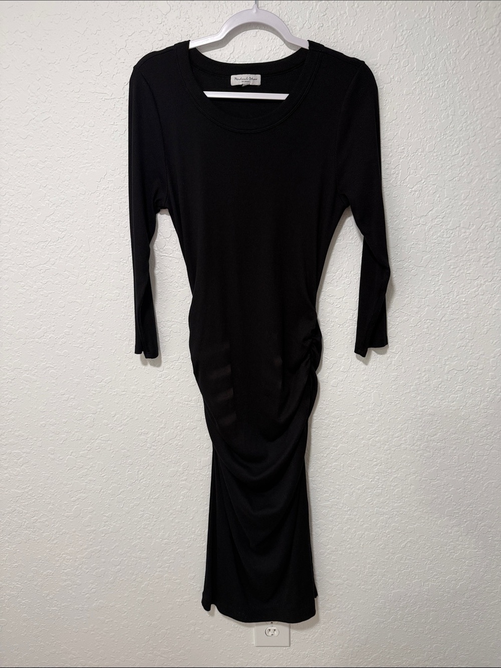 Michael Stars Black Ribbed Ruched Midi Dress Size Large